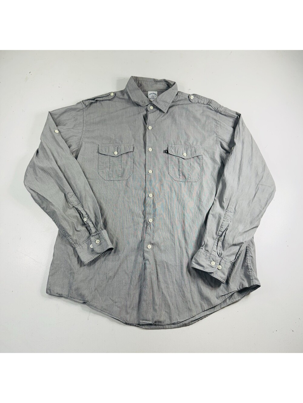 Brooks Brothers 346 Safari Military Button Down Shirt Slim Gray Striped Men’s XL